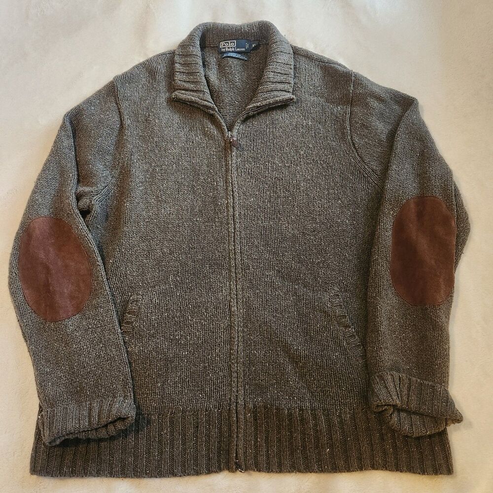 Vintage Polo Ralph Lauren Full Zip Sweater XL Brown Hemp Elbow Patch EUC